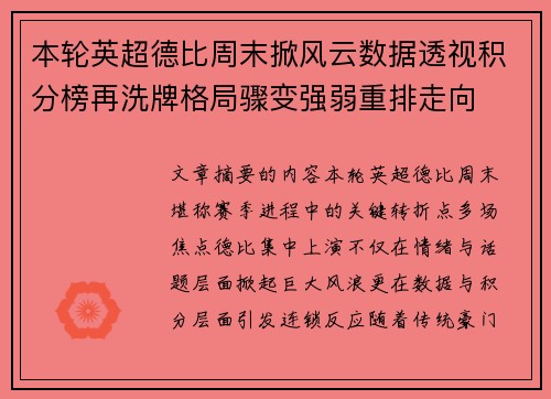 本轮英超德比周末掀风云数据透视积分榜再洗牌格局骤变强弱重排走向 本轮英超德比周末掀风云数据透视积分榜再洗牌格局骤变强弱重排走向